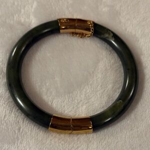 Vintage Hinged Dark Green Jade Bangle Bracelet with Gold Hardware